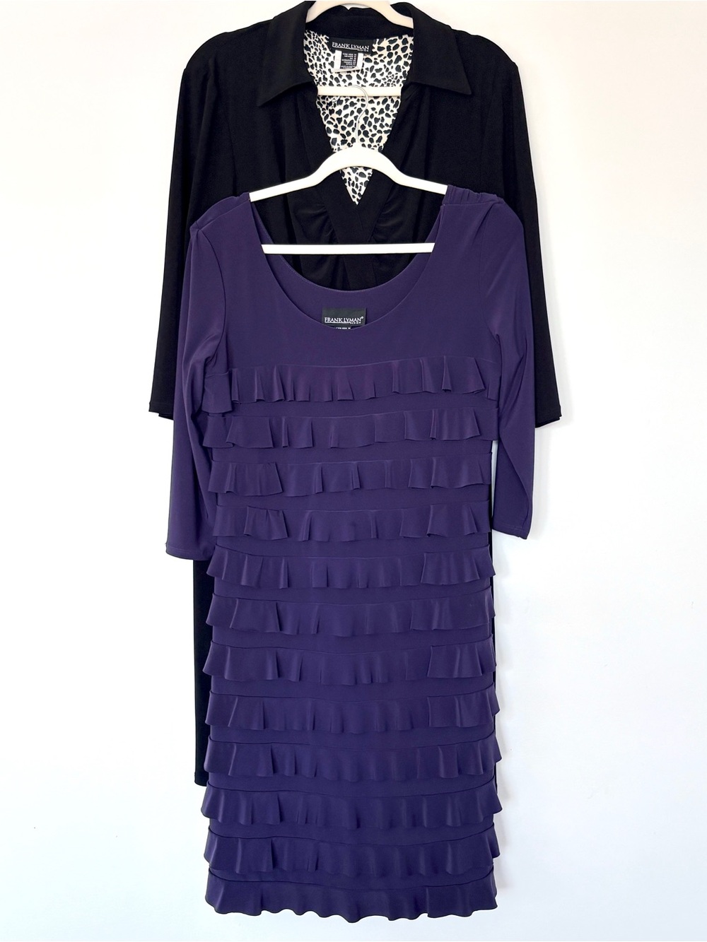 Frank Lyman Black Midi Dress and Ruffled Purple. Size 14. $34 for both